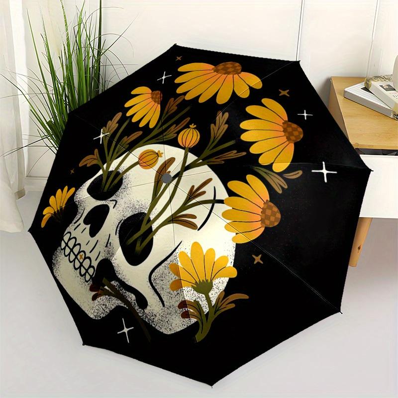 1pc Skull Flowers Auto Open/Close Leisure Umbrella, Portable Folding Umbrella for Travel, Themed Events, It is suitable as a gift for various festival