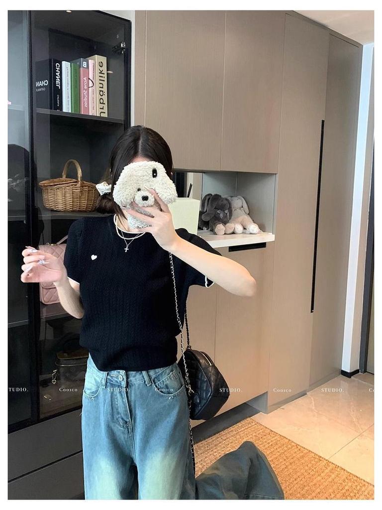 Chic Color Block Crew Neck Short Sleeve Knitted T-Shirt for Women - Preppy Style Summer 2025