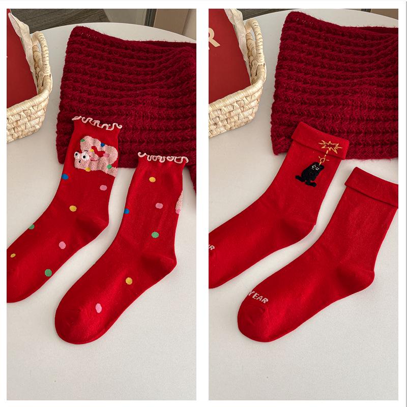 Women's Christmas Red Cartoon Mid-Calf Socks for Autumn and Winter