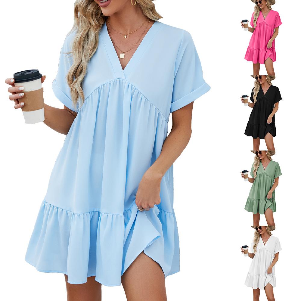 

Europe, America 2024 spring and summer new solid color V-neck loose pleated dress women S білий