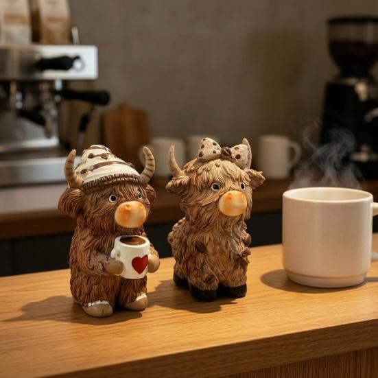 Hochlandrinder-Ornamente Figur, Kaffeestatue aus Harz für Bauernhaus-Heimdekoration, Künstlerische Einweihungsgeschenke Tischdekoration im Landhausstil