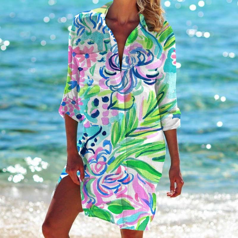 Summer Graffiti 3D Print Blouses Women Long Sleeve Beach Blusas Mid-length Shirts Buttons Shirt Blouse Girl Holiday Pocket Tops