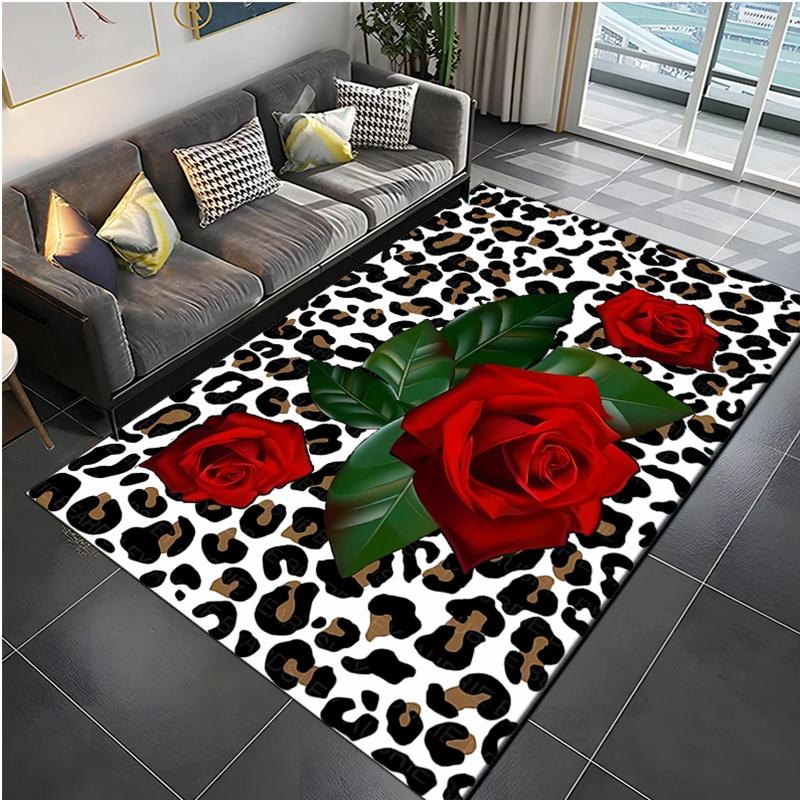 VIKAMA Vintage Leopard Print Rose Rug Soft And Comfortable Home Living Room Sofa Creative Decorat Carpet Bedside Rug For Bedroom