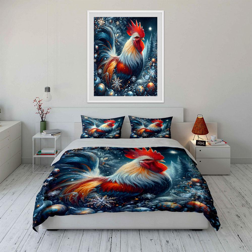 3Pcs Christmas Rooster Bedding Set, Festive Rooster with Snowflakes and Ornaments Print Duvet Cover + 2 Pillowcases,Decor gift
