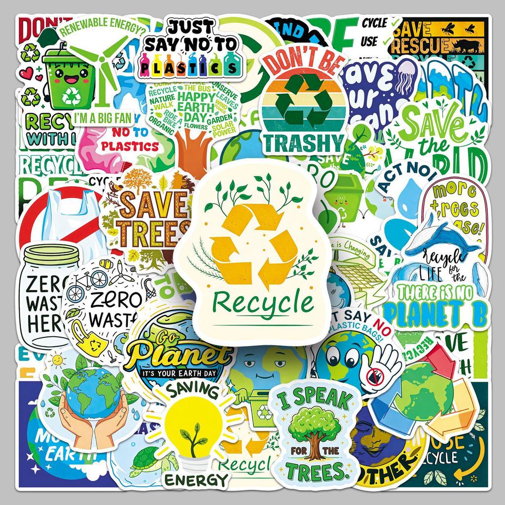 50 Earth-Friendly Stickers: Environmental Slogans & Cartoon Logos for Graffiti and Decoration