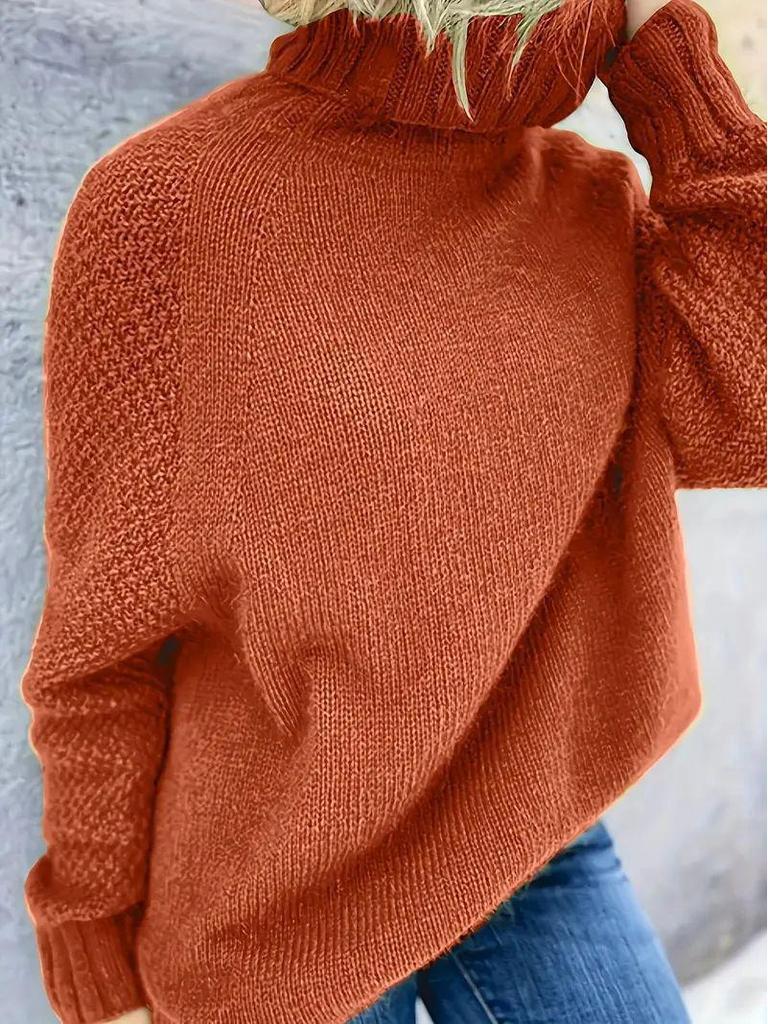 Solid Color High Neck Raglan Sweater - Loose Fit, Casual Long Sleeve Pullover
