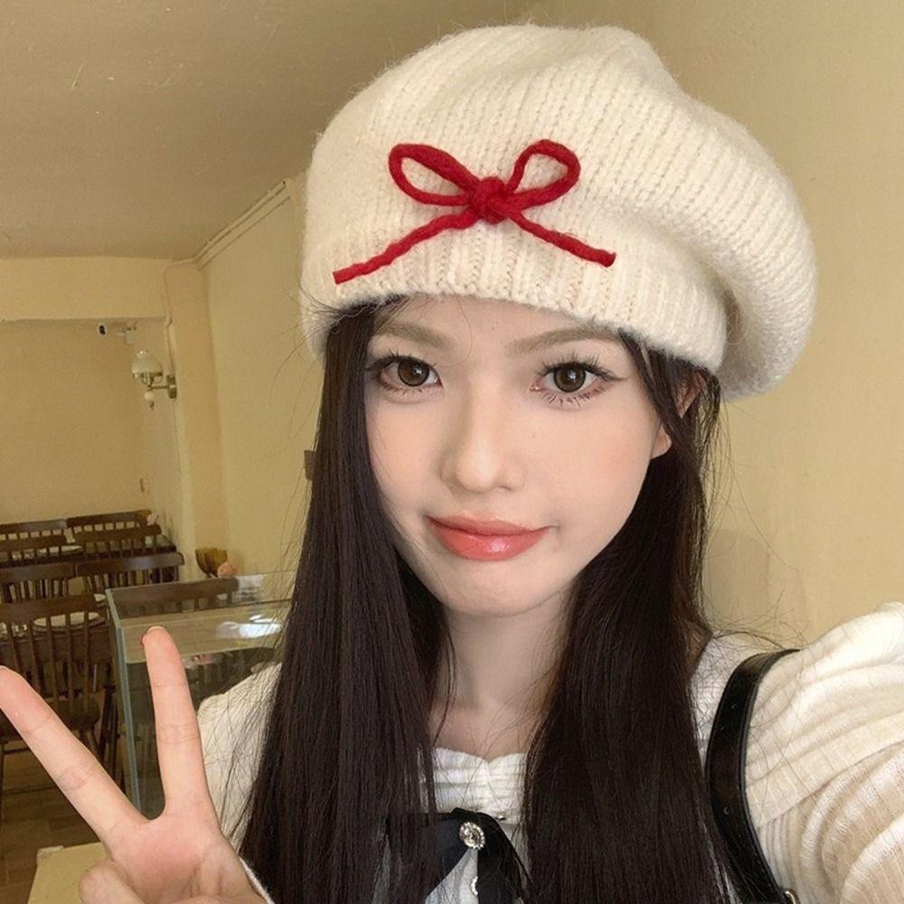 56-58cm Warm Fall Winter Hat Cold Proof Cotton Painter Beret Hat Bow Knitted Beret Hat For Women