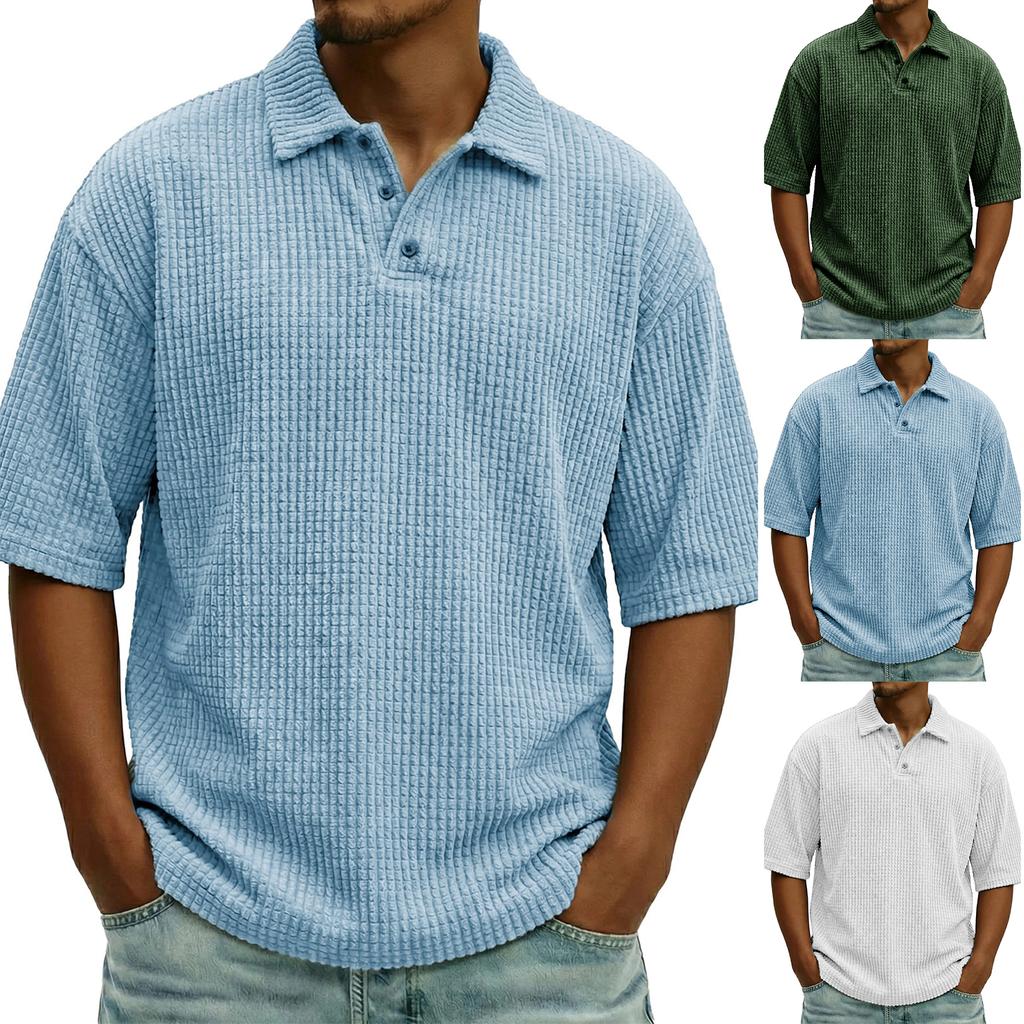 Mens Knit Short Sleeve Polo Shirt Casual Loose Fit Knitwear Top with Button Placket Collar