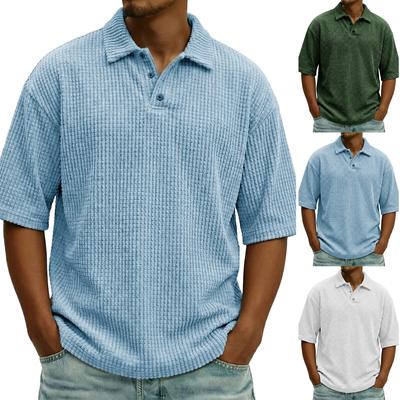 Mens Knit Short Sleeve Polo Shirt Casual Loose Fit Knitwear Top with Button Placket Collar