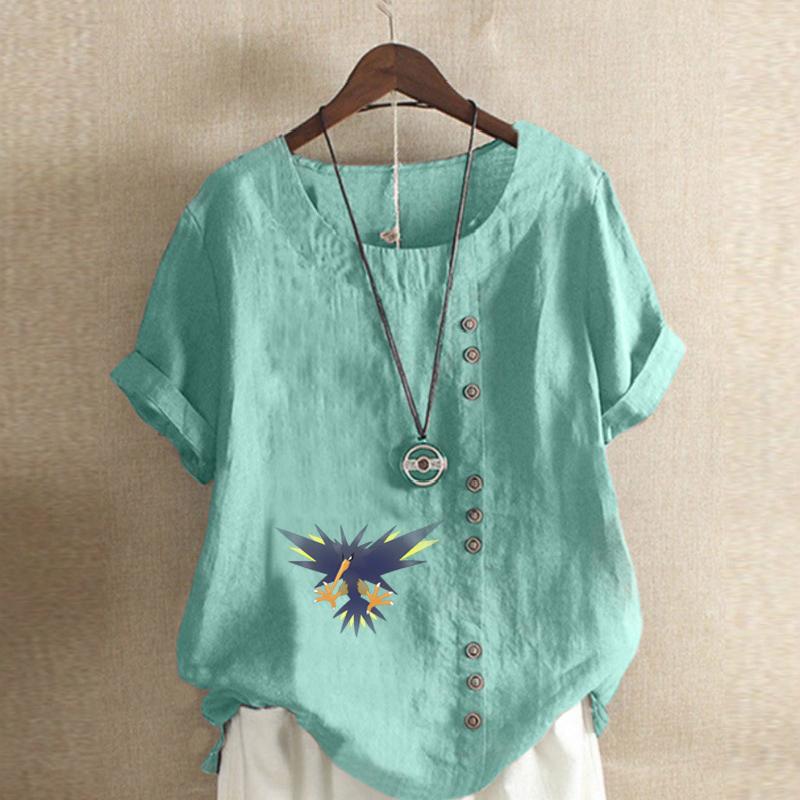Women's New Fashion Linen Shirt Round Neck Short Sleeve Eagle Printed T-shirt Summer Ladies Casual Plus Size Blouse Tops