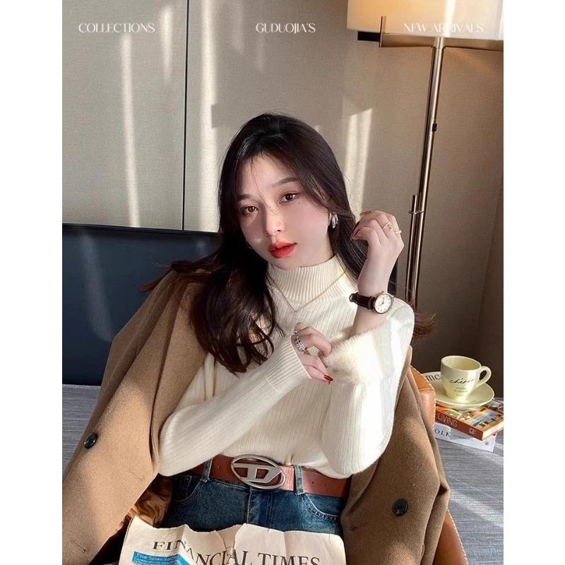 Women's Half-high Neck Plus Fluff Sweater Winter Thickened Inner Knitted Base Shirt Solid Versatile Warm Top