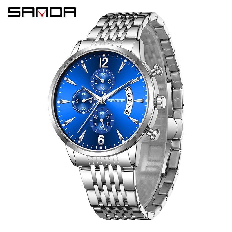 

SANDA Fashion Men Chronograph Wristwatches Stainless Steel Waterproof Luminous Man Watch Date Quartz Business Men s Watches срібний/синій