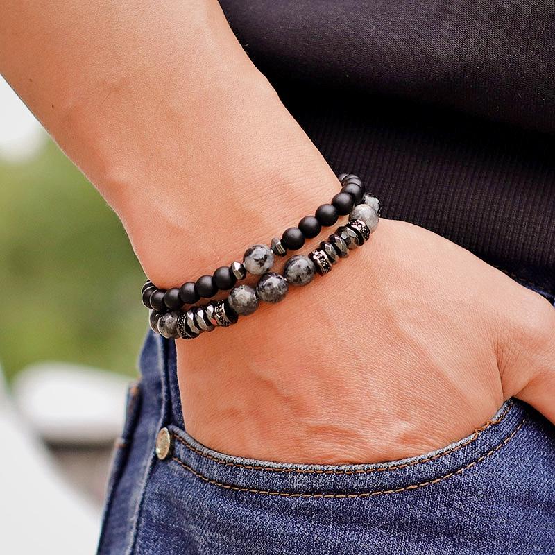 Novel 2 Pieces Men Bracelet Set 6mm 8mm Tiger Eyes Volcanic Rock Stone Beaded Braclet Luxury Zirconia Braslet Pulseria Hombre