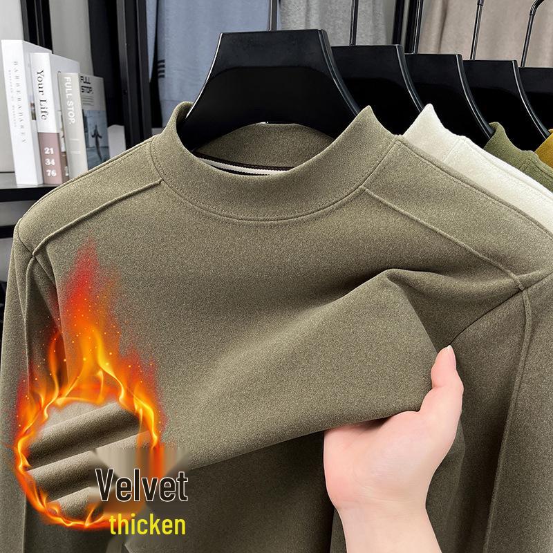 Men's Warm Self-Heating Fleece Hoodie - New Style, Half-High Collar, Long Sleeve, Skin-Friendly, Solid Color, Versatile Base Layer.
