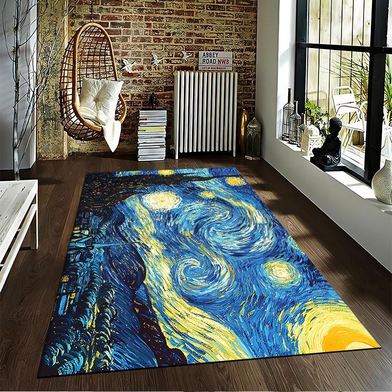 Starry Night-Inspired Art Rug suitable as a non-slip mat for the living room or bedroom sofa