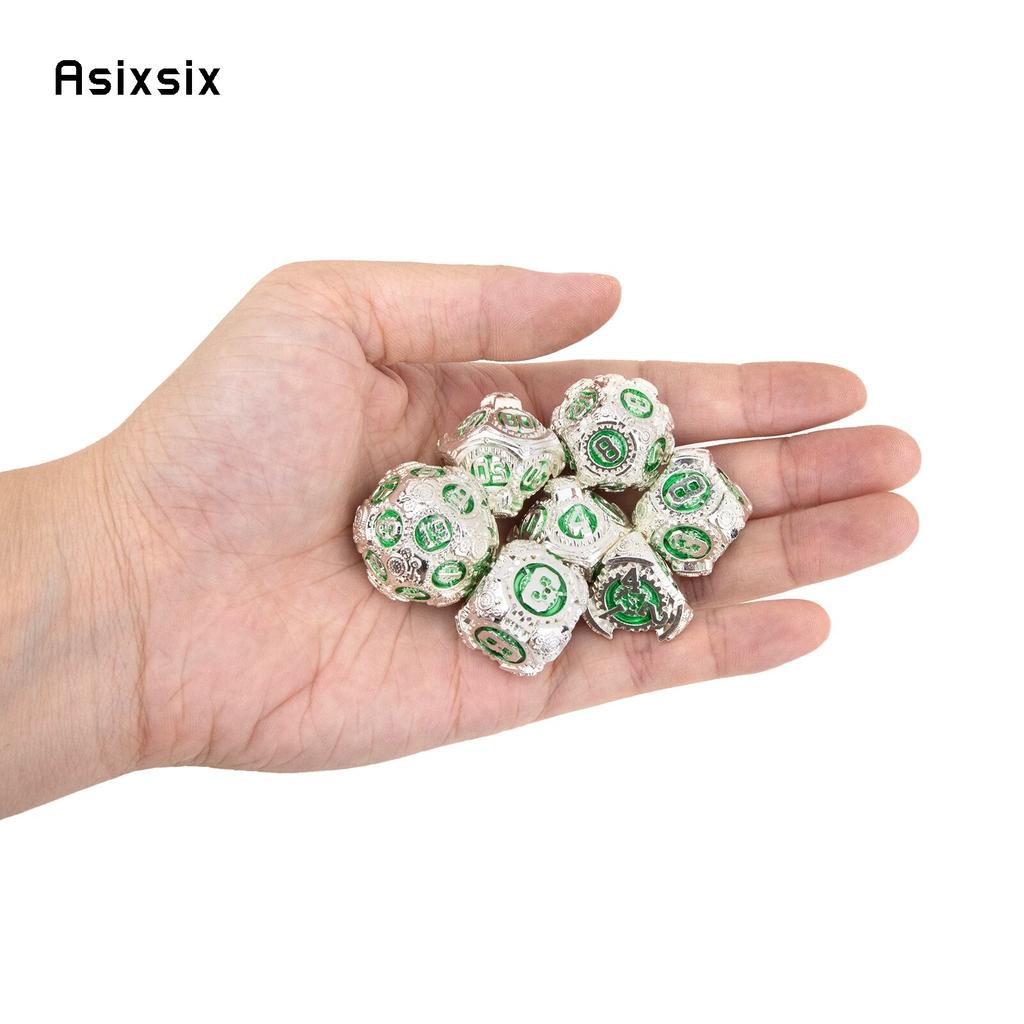 7 Pcs White Green Gear Wheel Metal Dice Solid Metal Polyhedral Dice Set Suitable for Role-Playing RPG Board Game Card Game