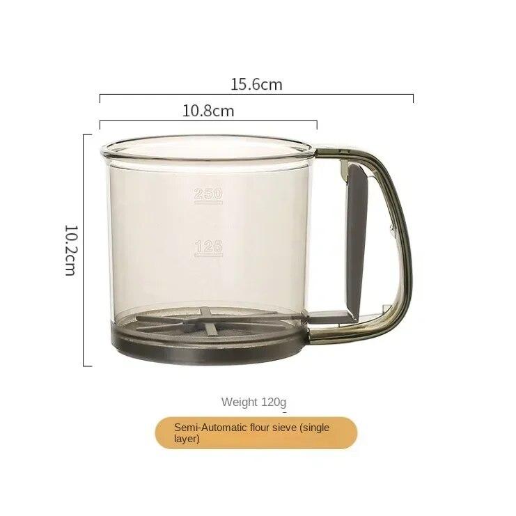

Полуавтоматический просеиватель для муки с мерной шкалой, бытовой сито из нержавеющей стали с мелкой сеткой, кухонная чашка, инструмент для выпечки кондитерских изделий CHINA