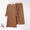 2024 Elegant Solid Color Muslim Women's Two-Piece Suit: Long Side-Slit Shirt & Wide-Leg Pants