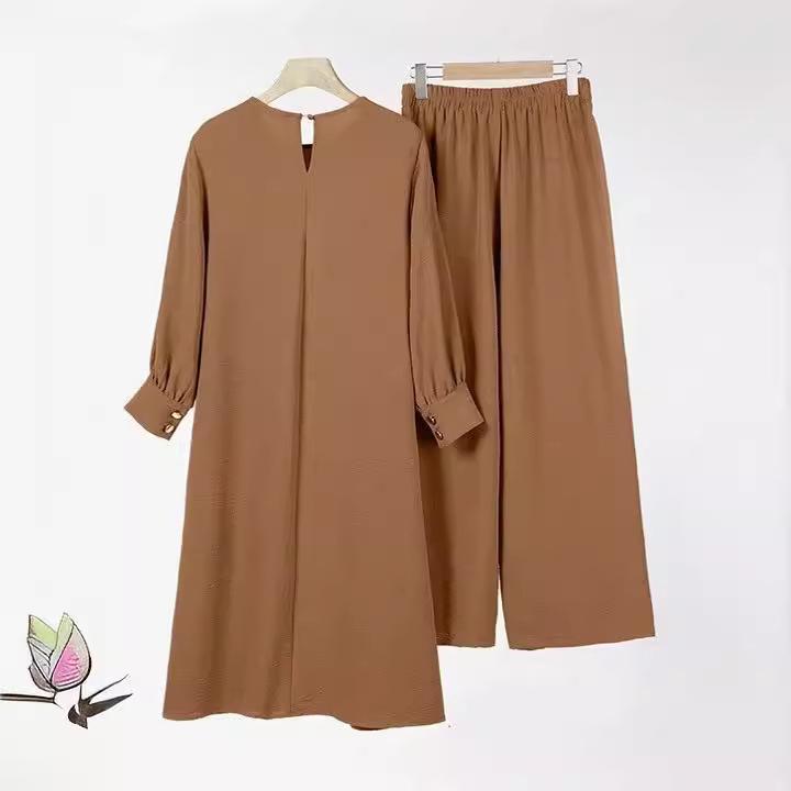 2024 Elegant Solid Color Muslim Women's Two-Piece Suit: Long Side-Slit Shirt & Wide-Leg Pants