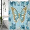 Blue Butterfly Rose Gold Shower Curtain, Bathroom Decorative Shower Curtain, Waterproof Shower Curtain with Hooks