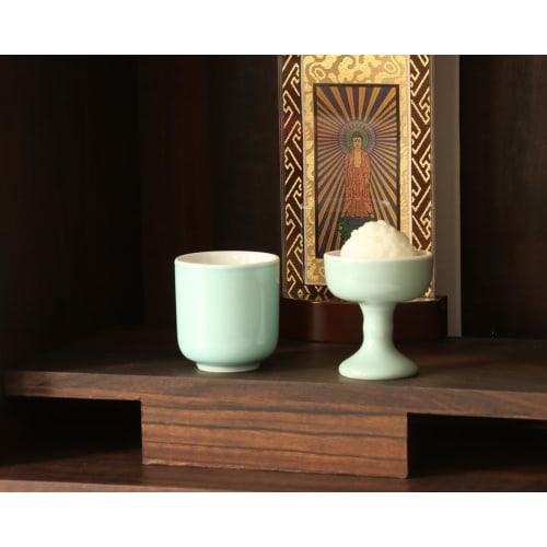 Namukumachan Kobo Set of 2 Medium Buddhist Tea Sets (1.6 inches) - Solid Celadon Buddhist Teacups, Buddhist Rice Bowls, and Teacups