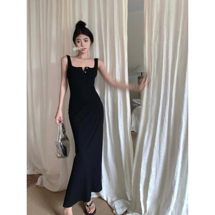

Pure desire style button vest dress women s summer temperament waist thin A word hip skirt long dress Free size (recommended 40-60kg ) чорний