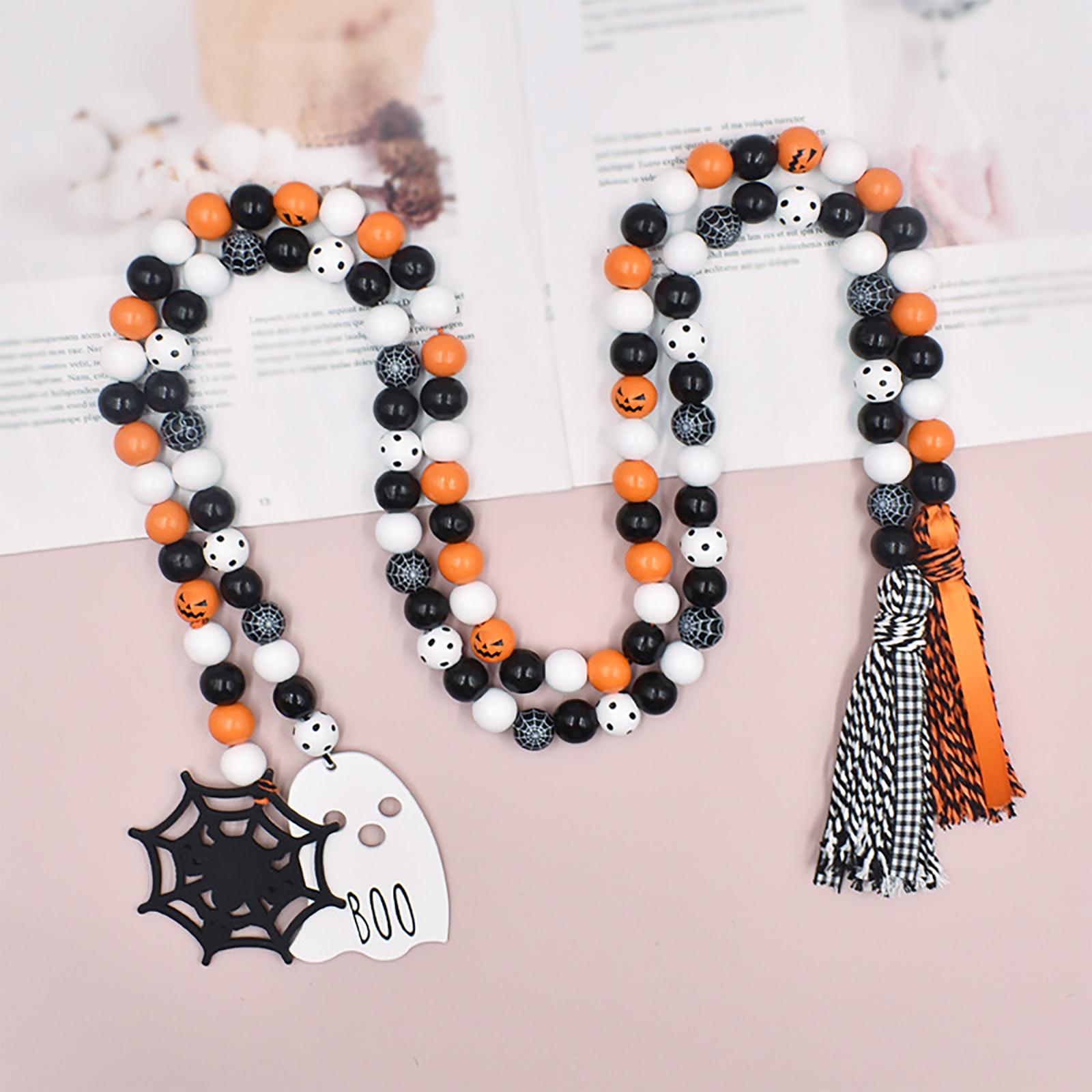 

2pcs Rustic Farmhouse Wooden Bead Garland With Tassel Ghost Spider Web Tag For Halloween Shelf Tiered Tray Wall Decor as shown in the picture#0