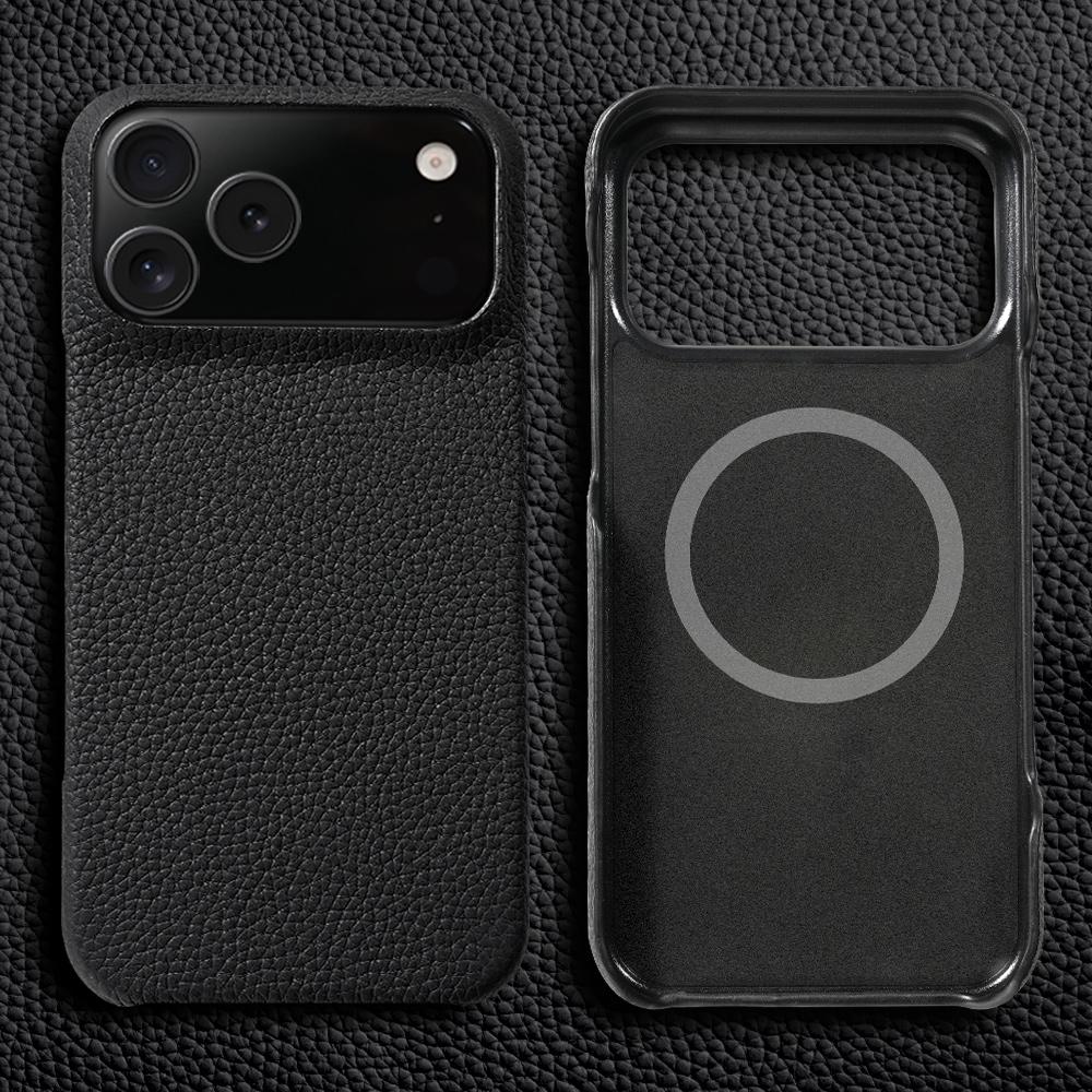 Lychee Natural Cowhide Leather for Magsafe Case for iPhone 17 Air 15 16 Pro Max 17Pro Magnetic Protector Luxury Phone Back Cover