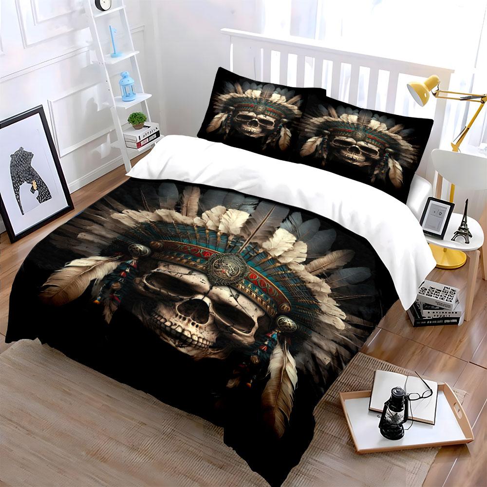 Skull with feather headdress. Bedding sets Duvet cover sets Duvet covers Pillowcases(1 * Duvet Cover 2 * Pillowcases without duvet insert)