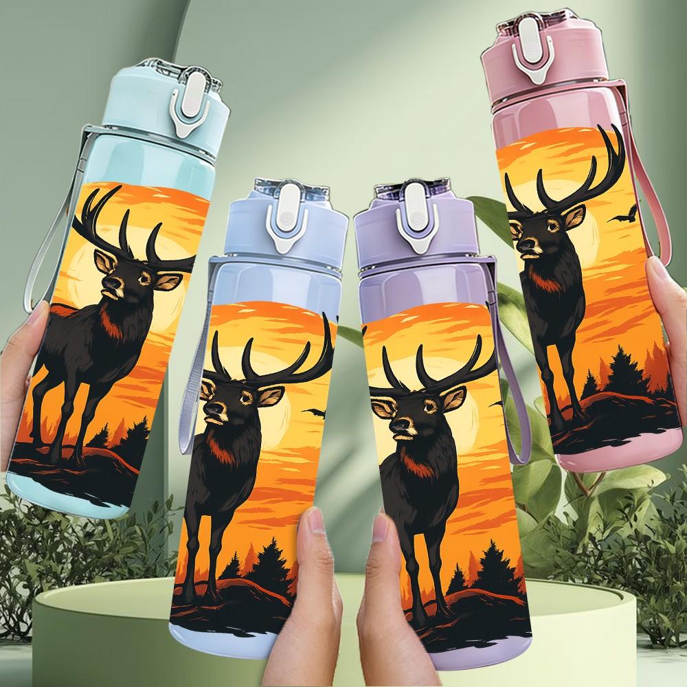 1PC Sunset Elk Pattern 750ml Color Plastic Sports Water Bottle Leakproof Flip Straw Lid Suitable for Sports Office Home Use