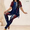 Women Plus Size Red Blue White Printed Two Piece Set Round Neck Short Sleeve Long Top Fitted Long Pants