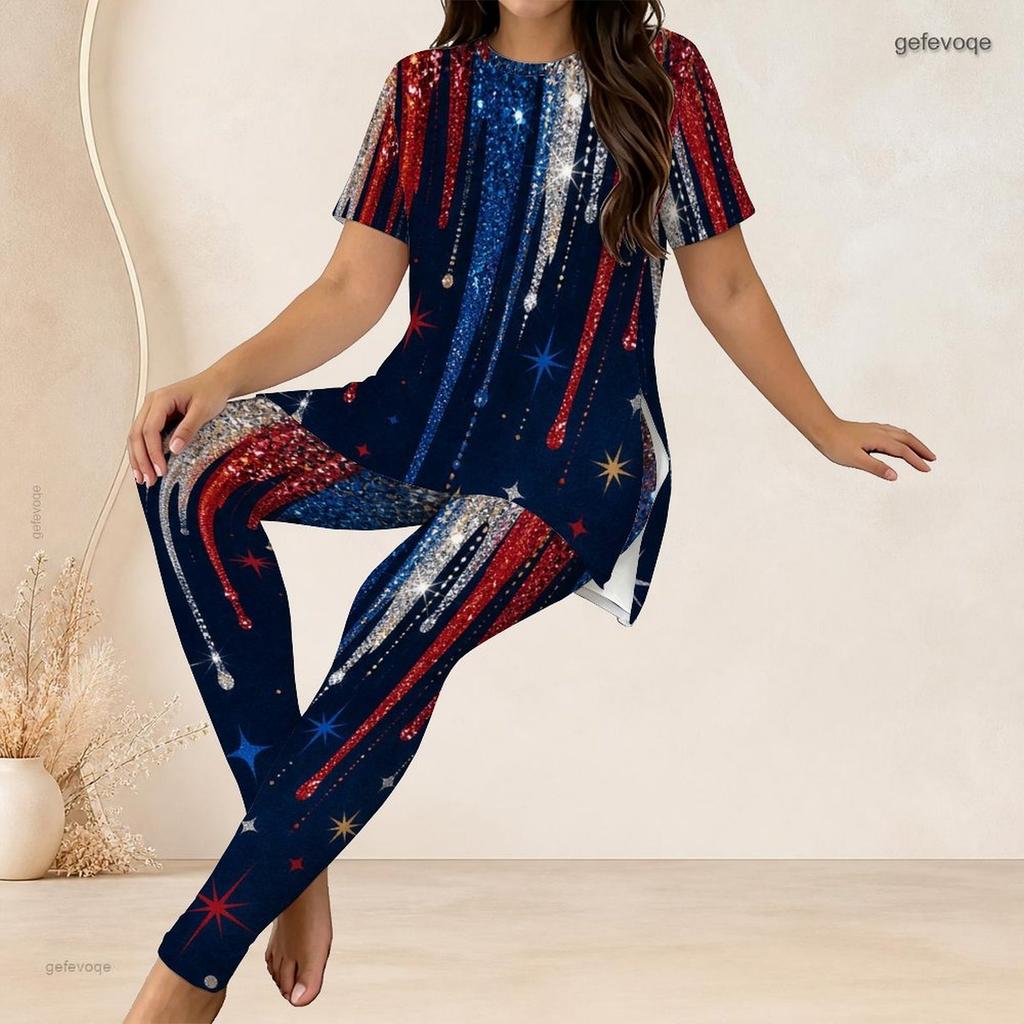 Women Plus Size Red Blue White Printed Two Piece Set Round Neck Short Sleeve Long Top Fitted Long Pants