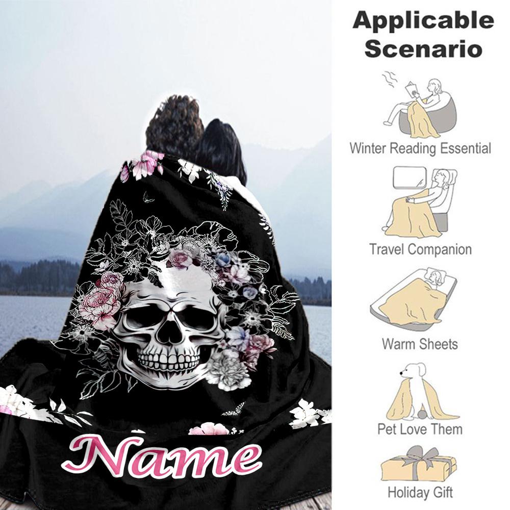 Skull Flower Customize Your Name Blanket Multi-purpose Personalized Blanket Ultra-Soft Perfect for Bed Livingroom Chair Bedding