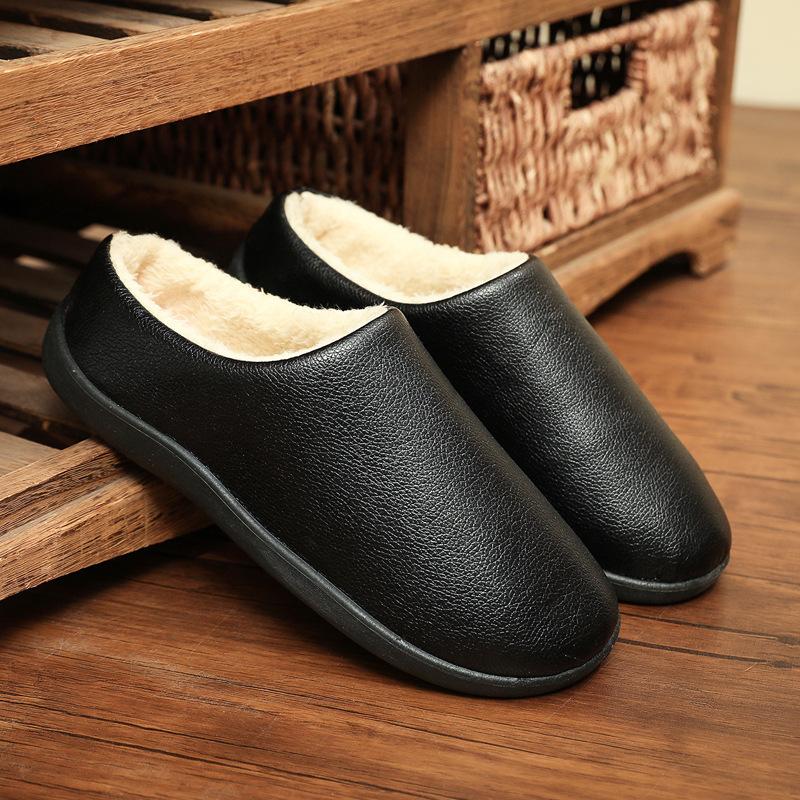 Winter new home men s cotton shoes non-slip soft sole leather surface waterproof men s shoes indoor warm velvet comfortable cotton slippers 39