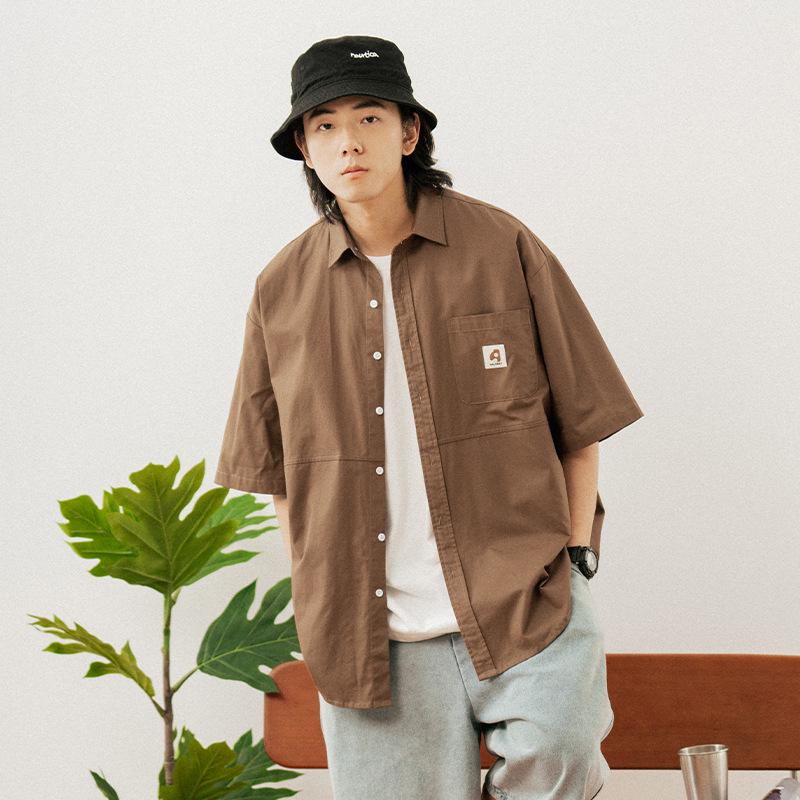 Hanlu Heren Japans Stijl Patchwork Kortmouw Werkkleding Shirt met Dubbele Zijzakken