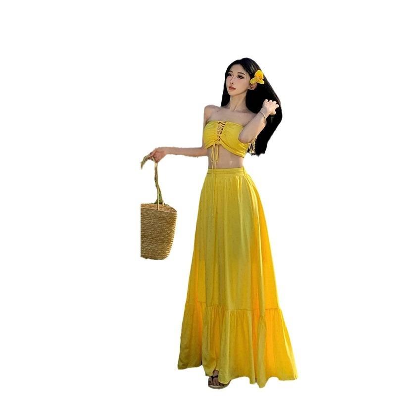Dopamine Hollow Cross Strap Pleated Tube Top Small Vest Top Set Dress Big Pendulum Vacation Skirt