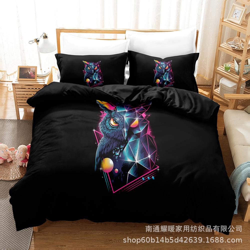 3D Digital Printing Bedding Four-Piece Set Three-Piece Set Owl Black Bed Sheet Quilt Pillow