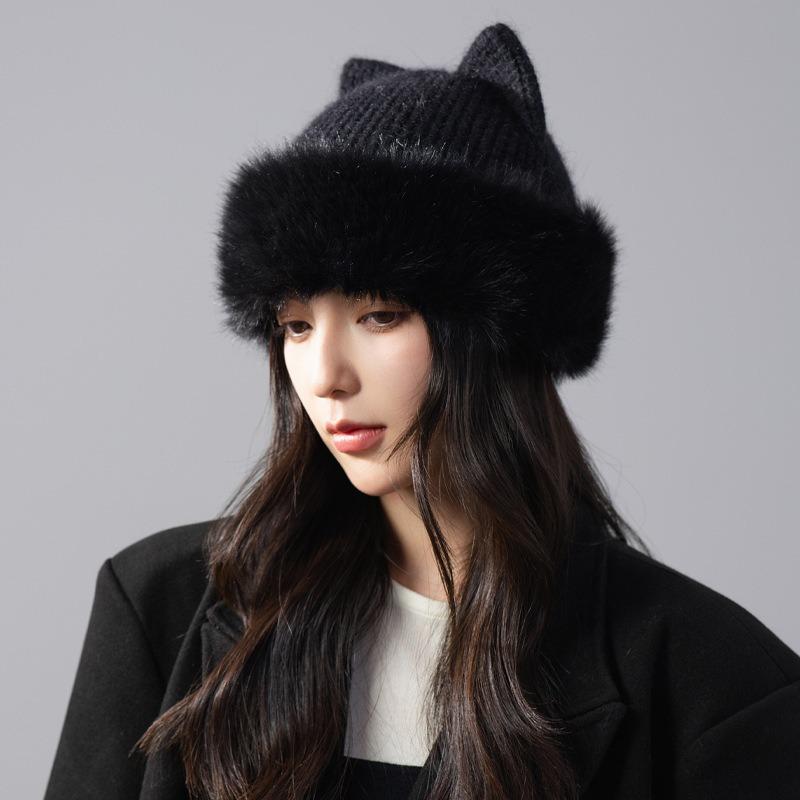 Korean Style Cute Cat Ears Plush Knit Hat Autumn Winter Warm Casual Beanie