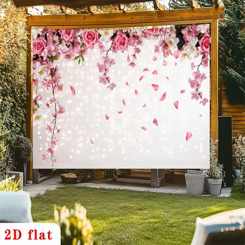 2D Elegant Pink Rose & Sakura Backdrop with Trailing Blooms and Glowing Lights