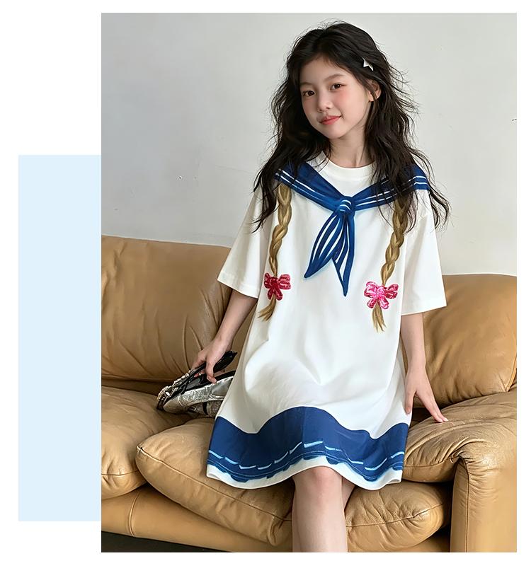 Navy collar dress for girls in summer, thin design for junior high school growth, T-skirt print, mid length skirt, college style, big kid