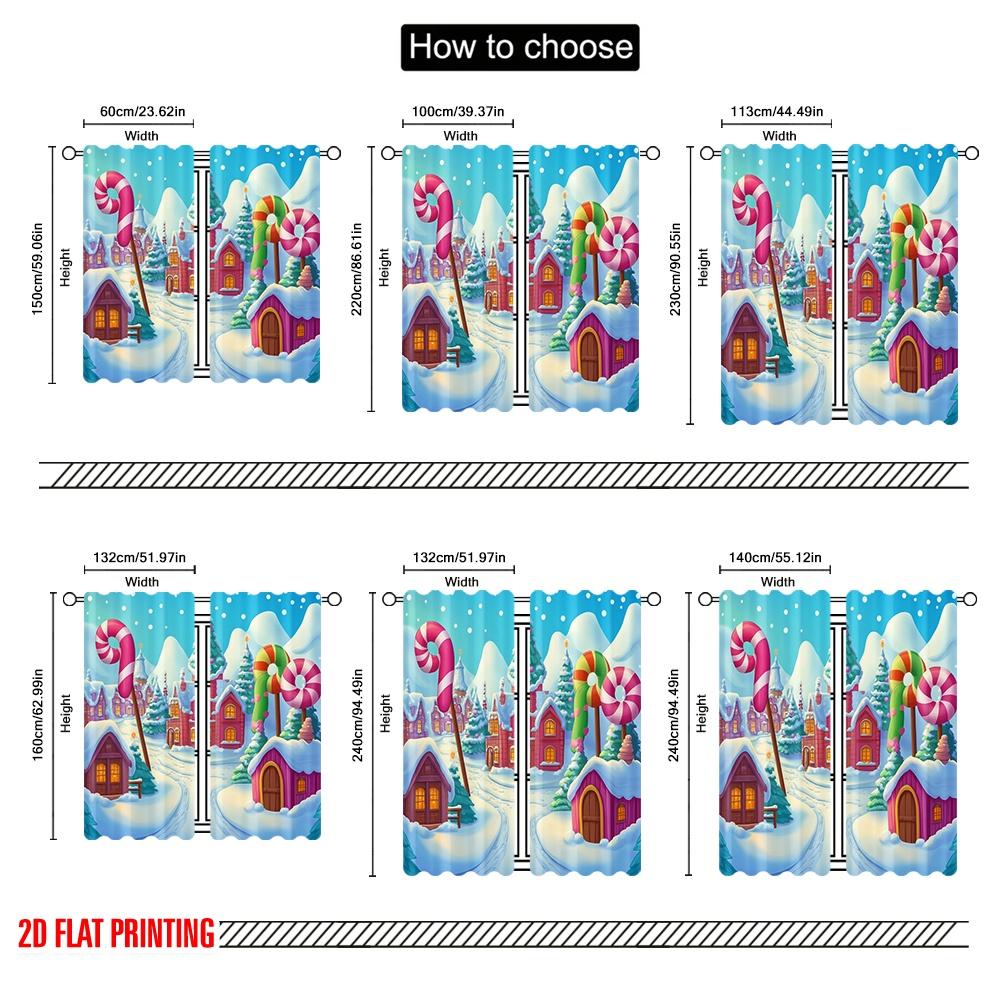 2pcs,2D Plane Printing Popular Curtains Candy Christmas Village Scene (4) Versatile Polyester (without Rod) Outdoor Decorations