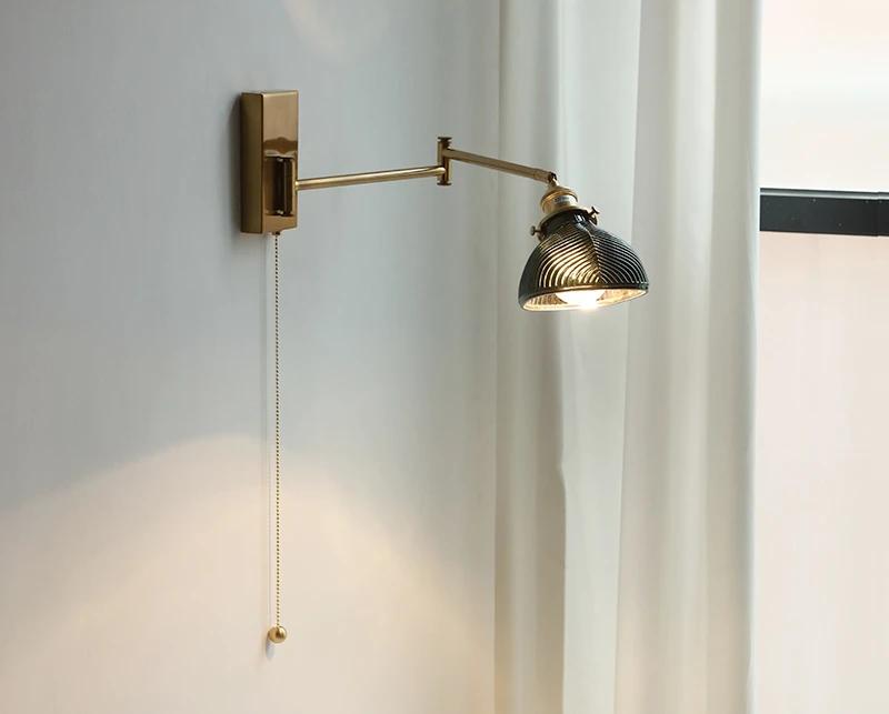 Clear Glass Copper LED Wall Lights Fixtures Pull Chain Switch Plug In Walnut Wood Canopy Bedroom Living Room Beside Lamp