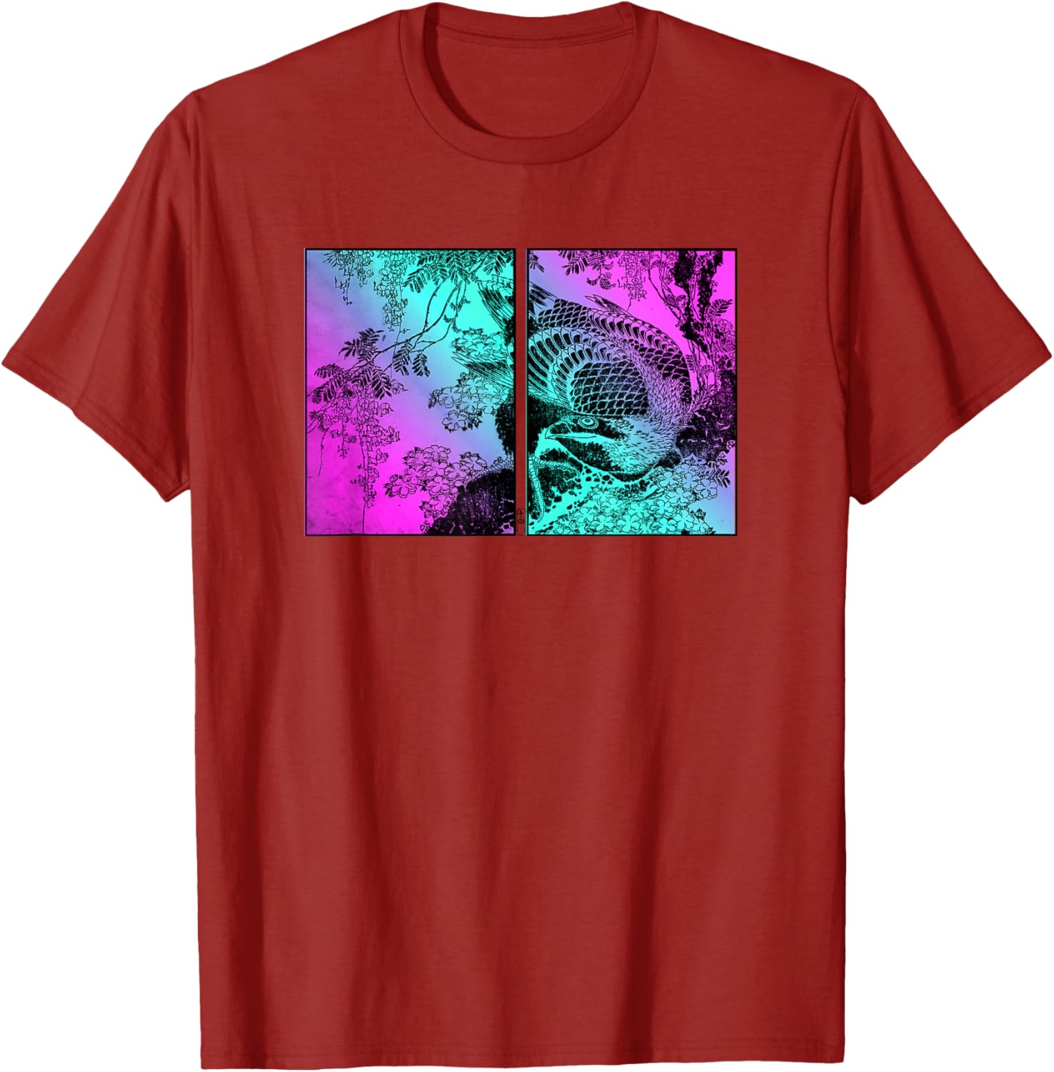 Japanese Style Bird Print Graphic Tee Cyan Pink Gradient Cotton Casual TShirt for Men S