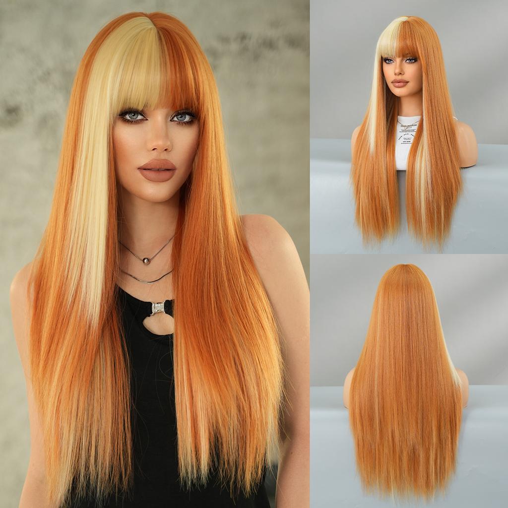 Multi Colored Optional Long Straight Hair With Bangs Wig Women's Full Head Set Natural Synthetic Matte High-temperature Silk