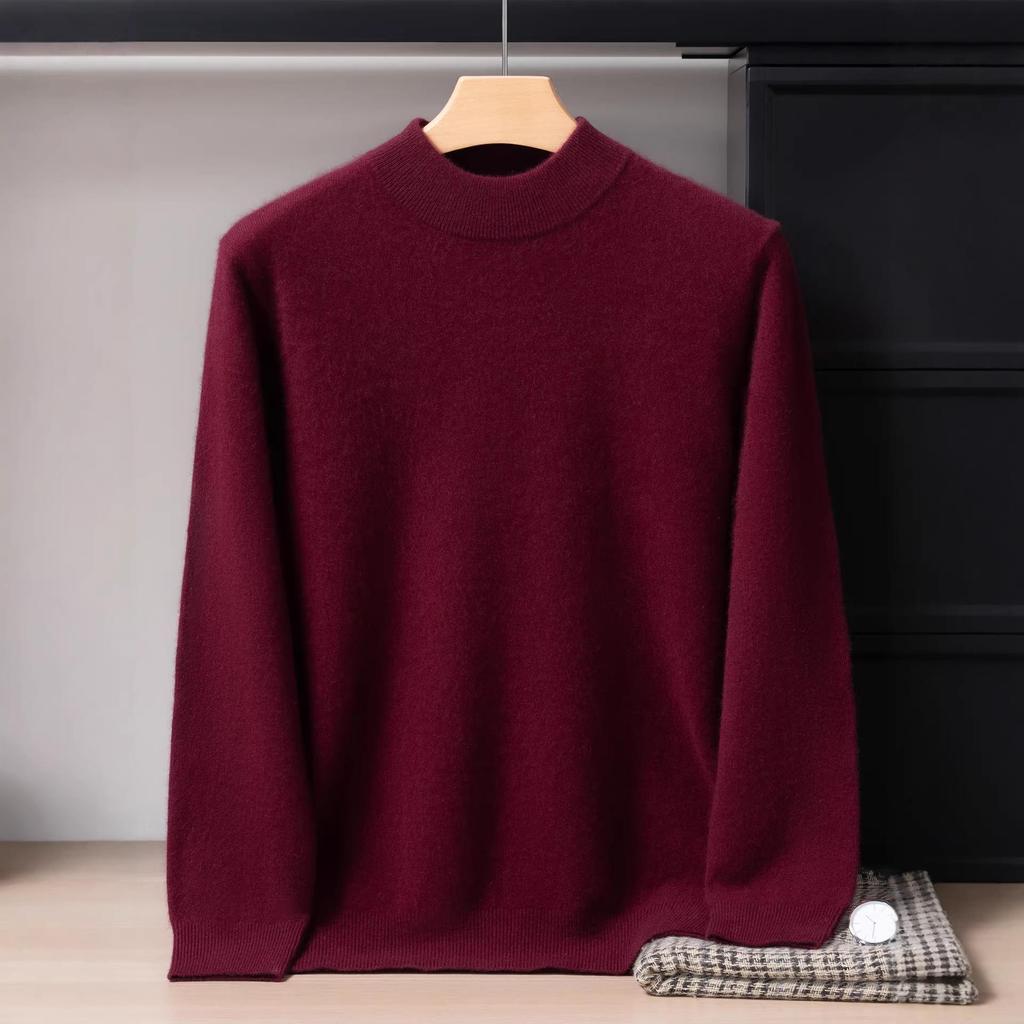 Men's 12-Gauge Double-Layer Half-High Collar 100% Cashmere Sweater, Long-Sleeved, Versatile, Business Casual, Warm Knitted Base Layer