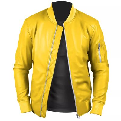 Jacket Men's Bomber Stylish Yellow Jacket Biker Soft Lambskin Leather Handmade