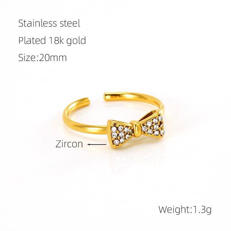 Stainless Steel Bowknot Ring with Inlaid Diamonds – Elegant, Non-fading, Open Design for Women