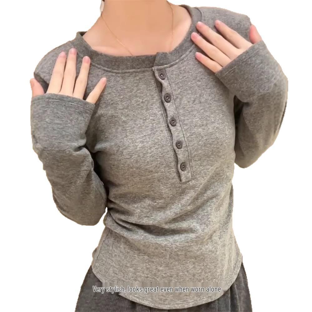 Korean Style Henley Collar Women's Slim Fit Long Sleeve Base Layer Top