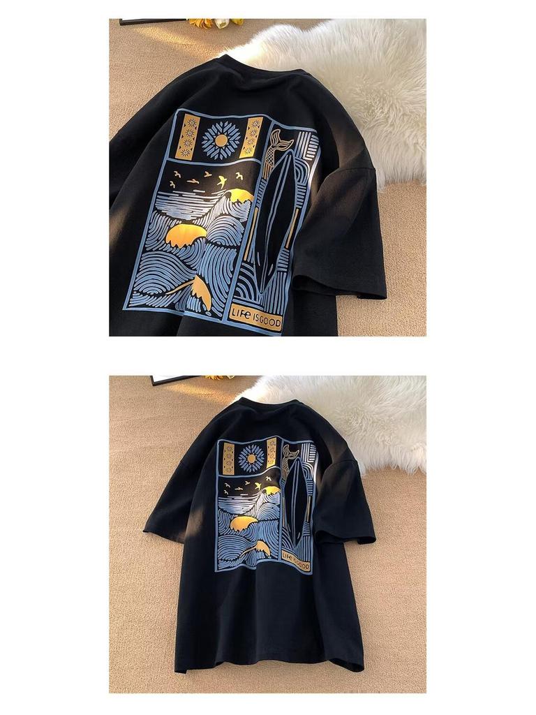 Men's Oversized Ethereal Letter Print Pure Cotton Short-Sleeve T-Shirt - American Street Style