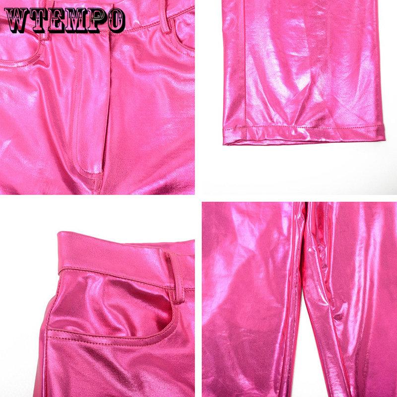 WTEMPO Pantalones Metálicos Rectos para Mujer Pantalones Brillantes de Cintura Elástica Ropa de Calle para Primavera Otoño Ropa de Club Disfraces